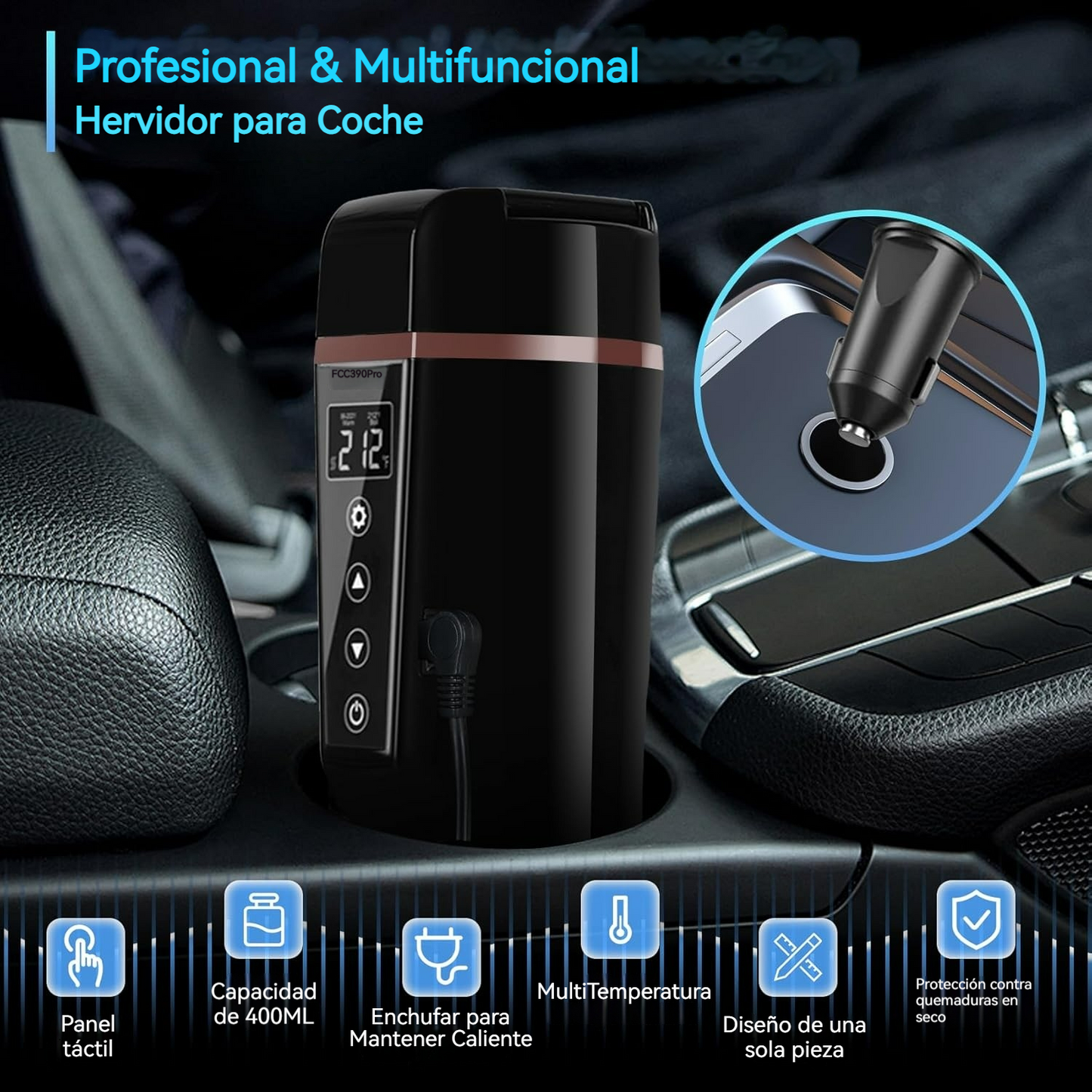 Hervidor Eléctrico para Coche con Control Digital de Temperatura y pantalla LED