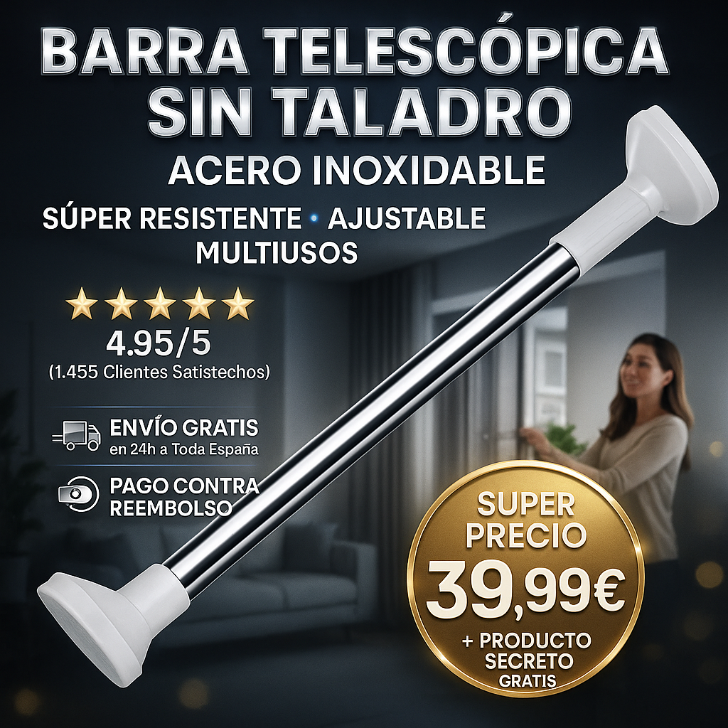 Barra de tensión telescópica sin taladro for colgar ropa, ajustable, de acero inoxidable