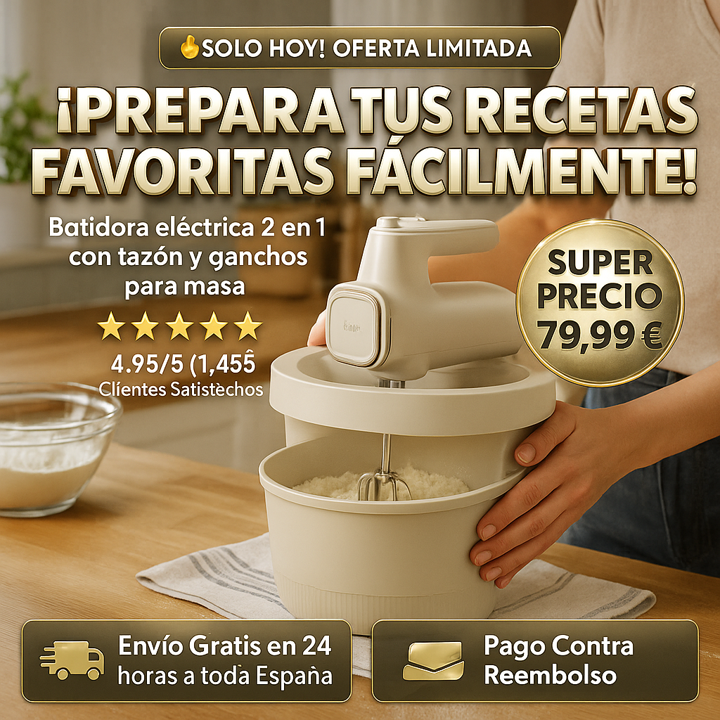 Batidora eléctrica 2 en 1 con tazón, gancho para masa