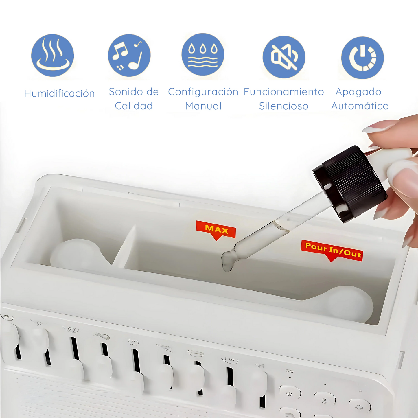 Difusor 5 en 1 con Humidificador Ultrasónico, Ruido Blanco, Luz Ambiental y Temporizador