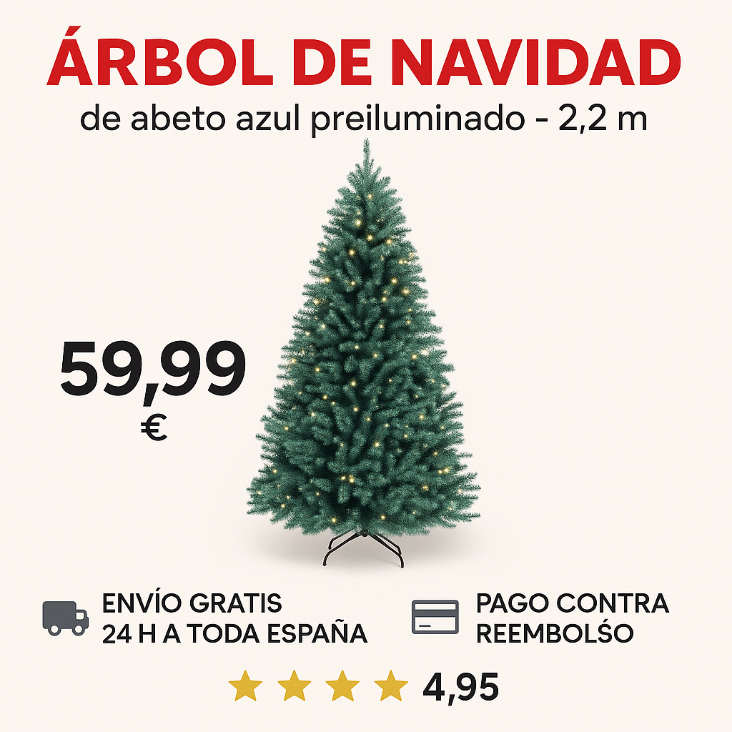 Árbol de Navidad de abeto azul preiluminado de 2,2 m