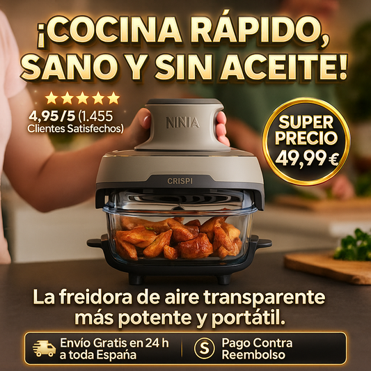 Freidora de aire portátil 4 en 1, freír con aire, asar, mantener caliente y gratinar, compacta, incluye 2 recipientes de vidrio extraíbles y tapas